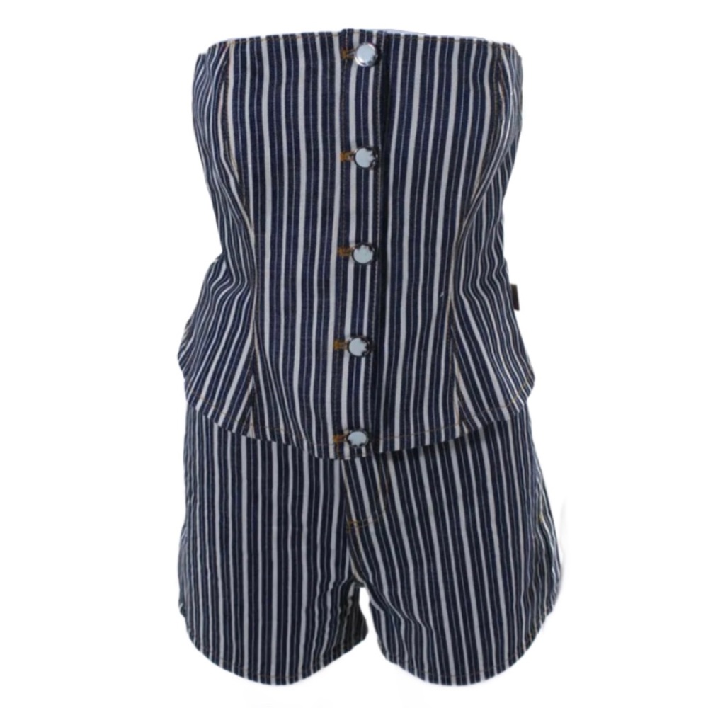 ❌SOLD❌NWOT Ganni Mixed Stripe Dark Indigo Denim Buster Top & Shorts Set💙🤍💙 - Picture 6 of 16